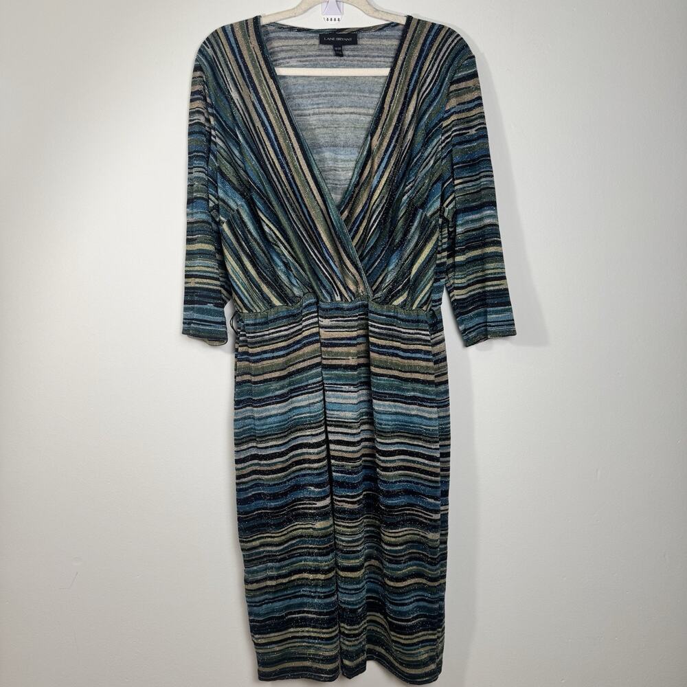 Lane Bryant 18/20 Plus Metallic Stripe Wrap Midi Dress V Neck Casual Stretch